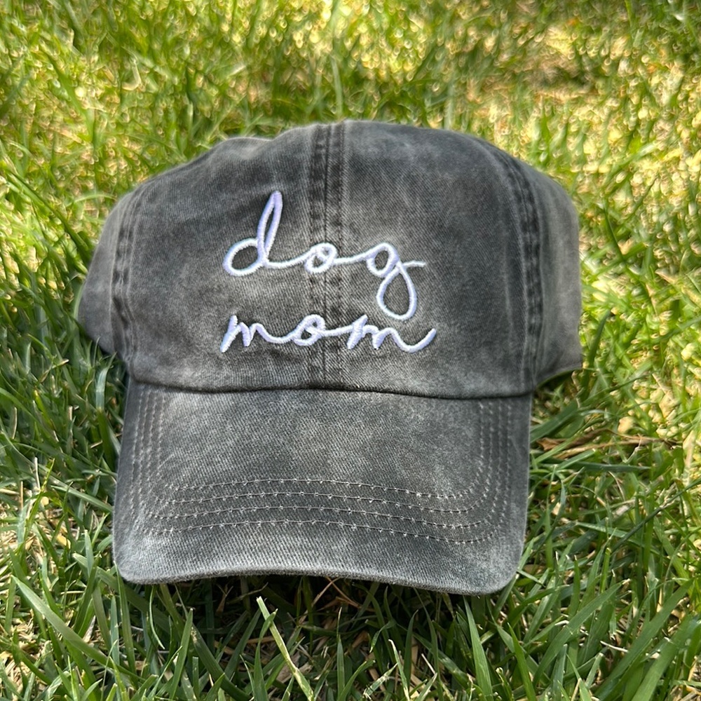 Vintage Washed Gray 'Dog Mom' Embroidered Cap